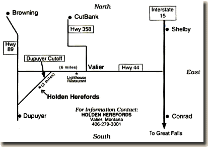 Map to the Holden Hereford Ranch near Valier Montana